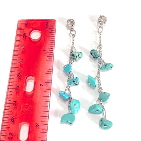Drop Earrings Turquoise Semi Precious Stones Silver Tone Rhinestone - Picture 4 of 4